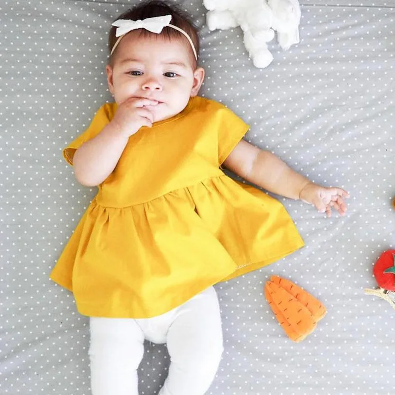 Cute Baby Girl Dresses Yellow Color Infant Summer Fold Dress Party