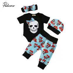 Одежда на Хэллоуин костюм для новорожденных Для маленьких мальчиков комплект одежды черный череп боди + длинные штаны Комплект из 4х