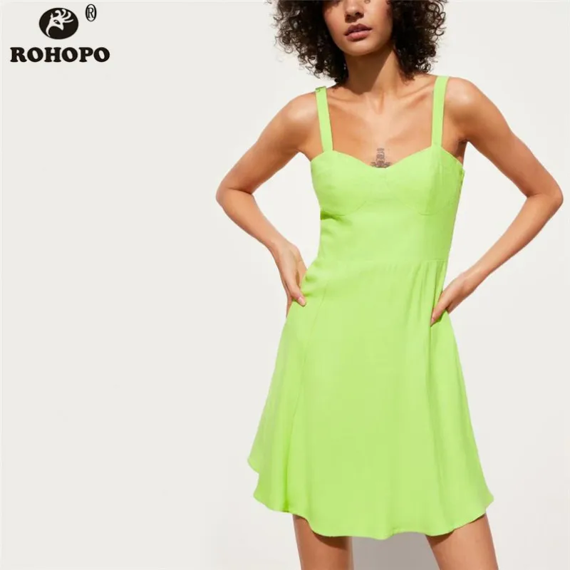 

ROHOPO Summer Sleeveless Green Mini Dress Pleated Flare High Waist Preppy Girl Solid Cute Dress Ruffles Strapless Vestid #UK9197