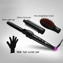 3 в 1 турмалин Керамика Набор торцевых гаечных ключей; сменная бигуди для волос+ горячая кисточки+ выпрямитель для волос щетка с перчатками волосы Stylin
