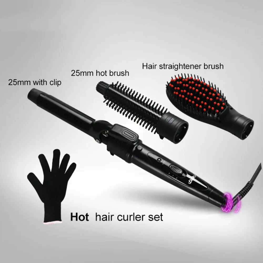 

3 In 1 Tourmaline Ceramic Set Interchangeable Hair Curler + Hot Brush + Hair Straightener Brush with Gloves Hair Stylin