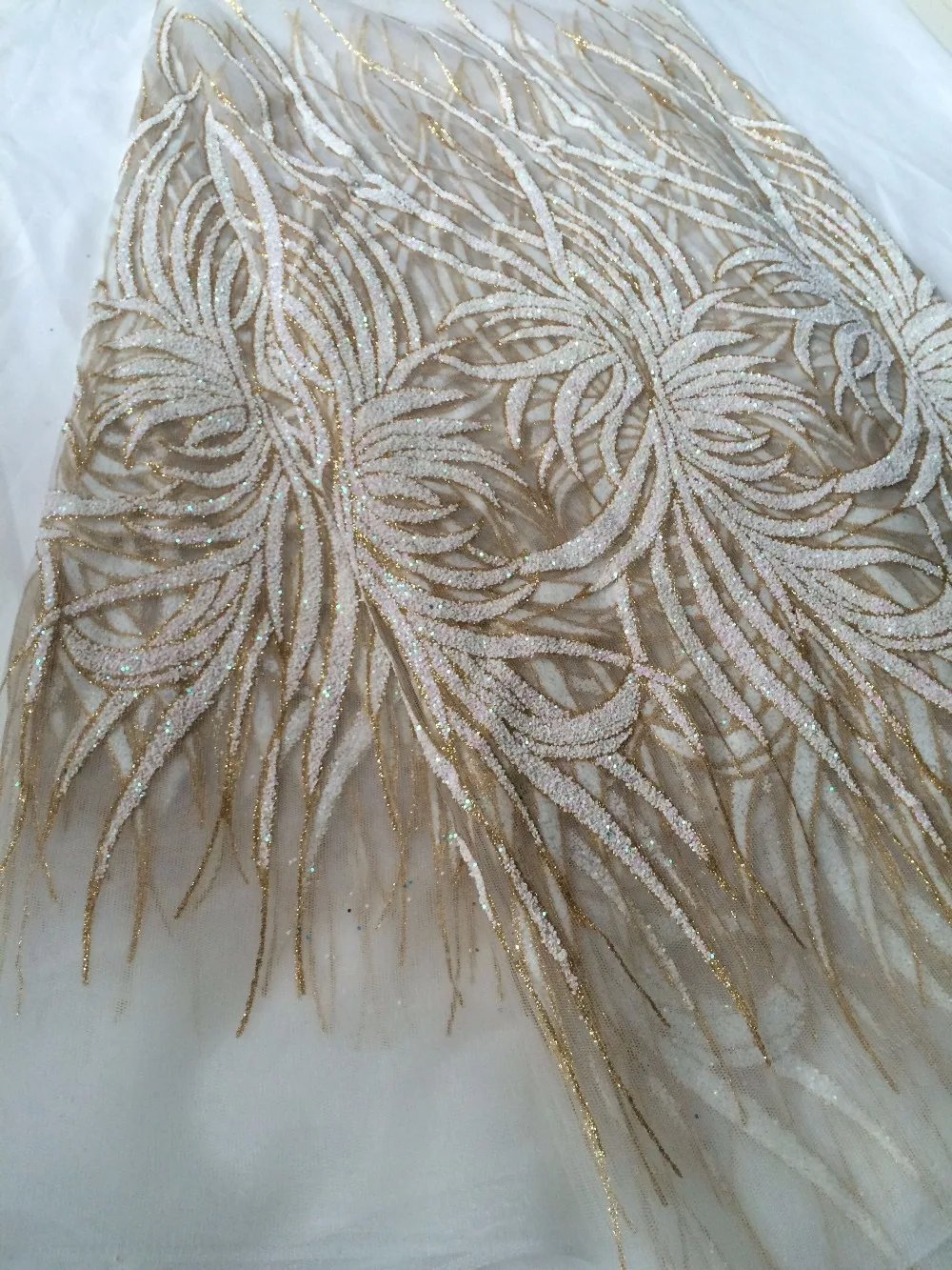 Лето золотой белый блестящий цветок ручной печати Блестки Ткань для свадебной вечеринки платье, DHL! H817