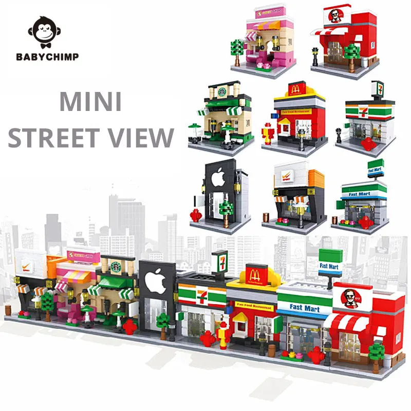 

City Mini Street View Set Retail Store Coffee Sweet Convenient Shop Model Building Blocks Bricks DIY Toys For Children
