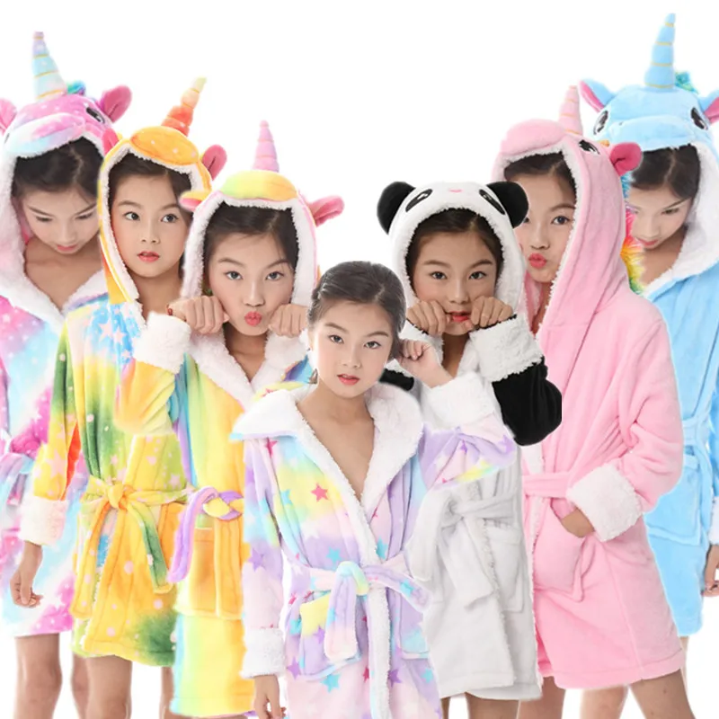 

New Winter Kids Bathrobe Baby Unicorn Panda Hooded Cotton Beach Towel For Girls Children's Pajamas Sleepwear For Boy Baby Robes