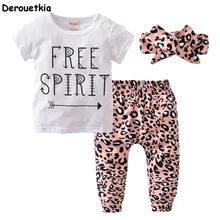 Летние леопардовые для малышей и девочек, одежда Модная хлопковая футболка+ штаны+ повязка на голову, детский костюм из 3 предметов Одежда для новорожденных девочек