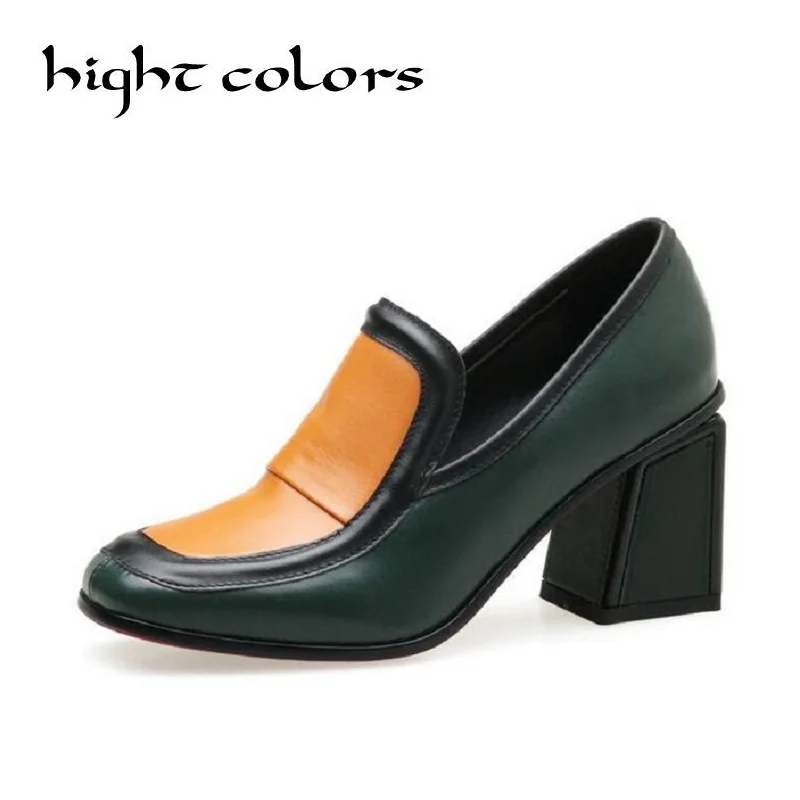 

Fashion Women Genuine Leather Colorful Mixed Color Vintage High Heels Slip On Women Pumps Party Square Toe Office Lady Shoes