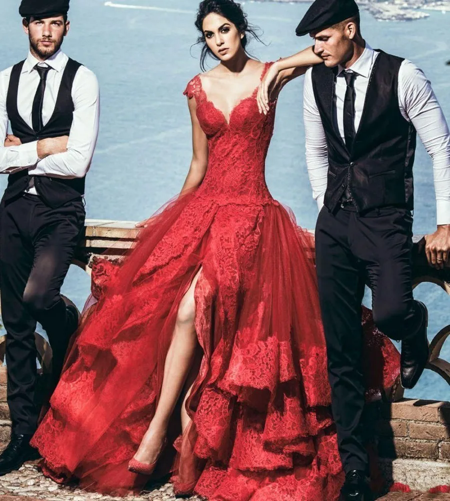 2017-Fashion-Sexy-Red-Lace-Wedding-Dress-Ball-Gown-Tulle-Appliques-Front-Split-Vestido-De-Noiva