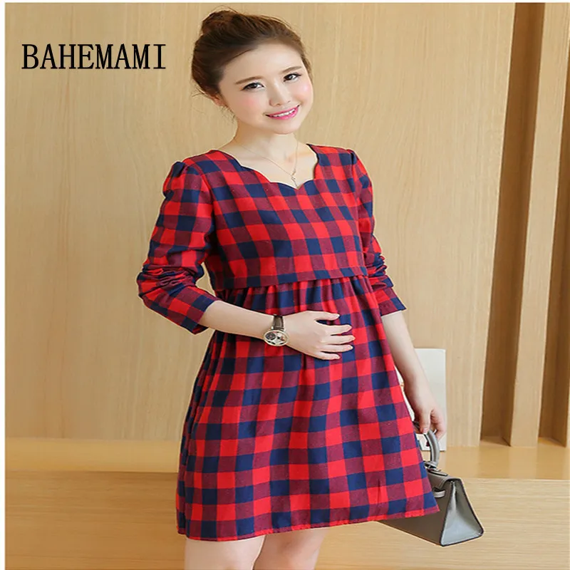 BAHEMAMI 2018 spring Maternity Dress plaid Pregnant Woman nursing