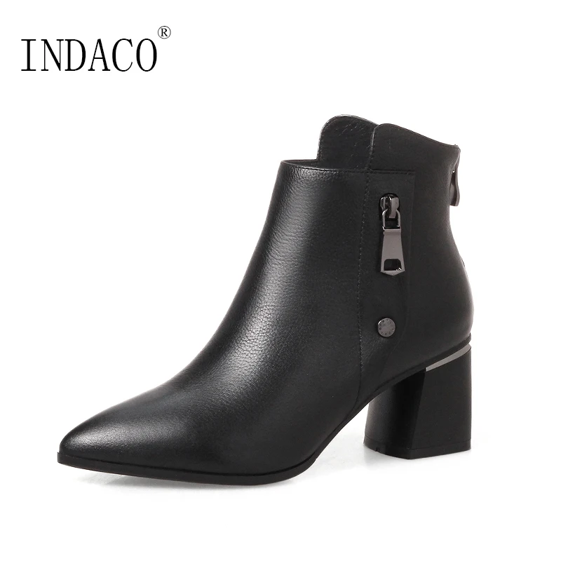 

2018 Ankle Boots for Women Black Pointed Toe Zipper Leather Boots Women 6cm Big Size 34-42