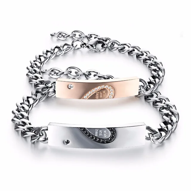 Stainless Steel S Crystal Heart Puzzle Bracelet Set With Link Stainless Steel S Crystal Heart Puzzle Bracelet Set With Link Chain