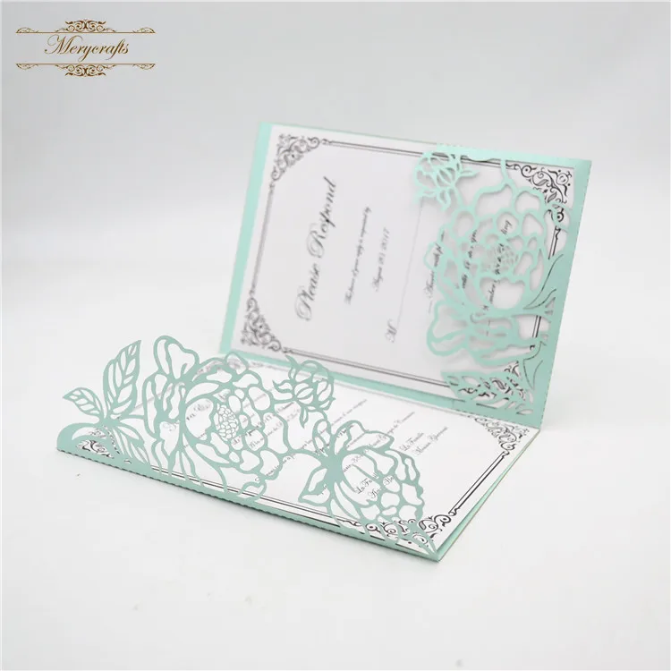 

Tri fold light blue invitations wedding cards laser cut pocket design