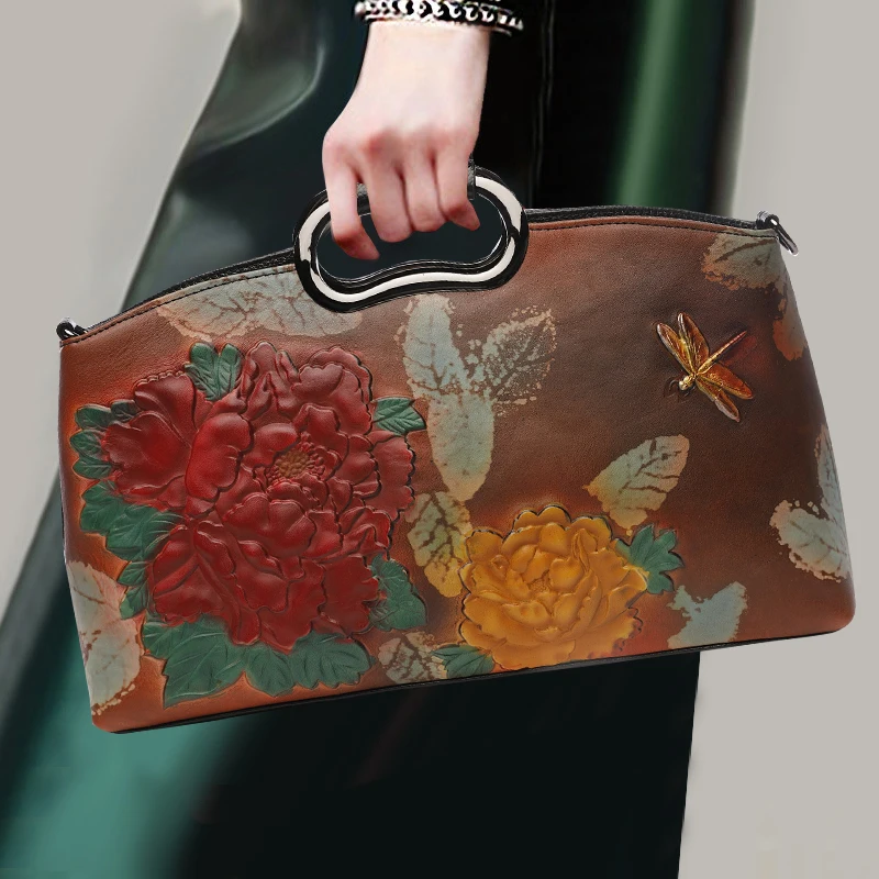

Chinese Style Women Handbag Genuine Leather Top Leather Vintage Handle Bag Lady Cheongsam Top-handle Bag Shoulder Pack Crossbody