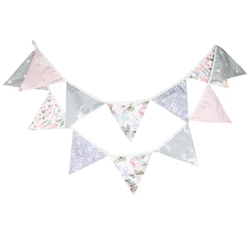 

12 Flags 3.2m Pink Grey Color with Flowers Cotton Fabric Bunting Pennant Flag Banner Garland Wedding/Birthday Party Decoration