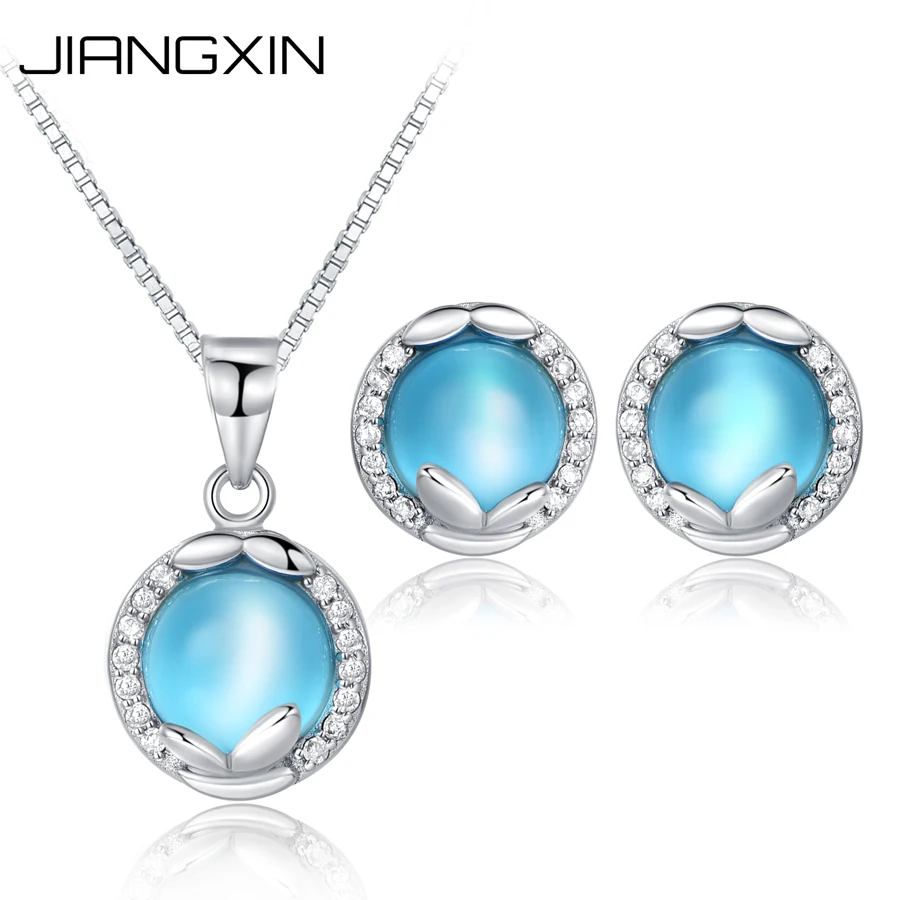 

JiangXin Lucky Blue Cat Eye Gemstone Jewelry Set Moonstone 925 Sterling Silver Stud Earring Pendant Necklace White Gold Plated