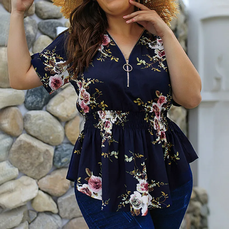 Plus Size Women Blouse Shirts Boho Sexy Printed Shirt Woman Tops 4 XL Big Size White Khaki Blusas Zippers Oversized Female A025