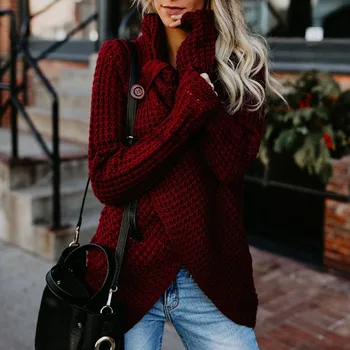 

Women Knitted Sweater Long Sleeves Irregular Hem Button Loose Tops for Autumn New