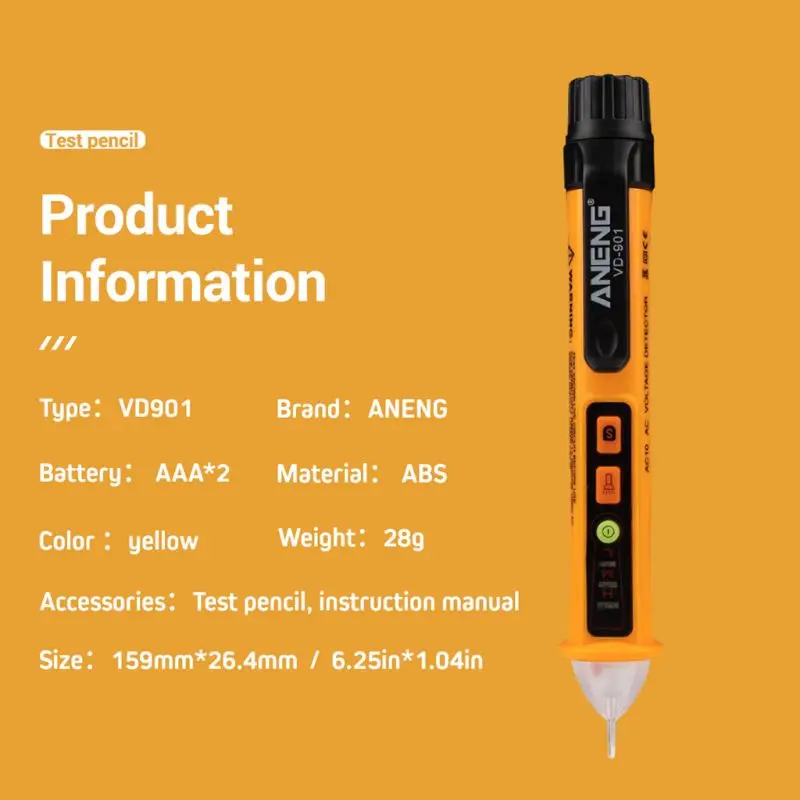 BIlinli AC 12V-1000V Voltage Tester Pen Non-Contact Volt Detector Stick Adjustable Range Buzzer Sound Light Alarm Alert Flashlight VD901