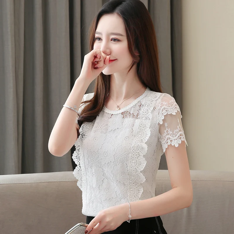 

Korean Fashion Lace Women Blouses Solid O-Neck Short Sleeve White Women Shirts Plus Size Blusas Femininas Elegante Ladies Tops