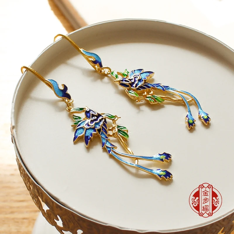 

Chinese style vintage handmade Cloisonne Phoenix tassel dangle earrings for Hanfu dress Accessories gift box package 7.5cm