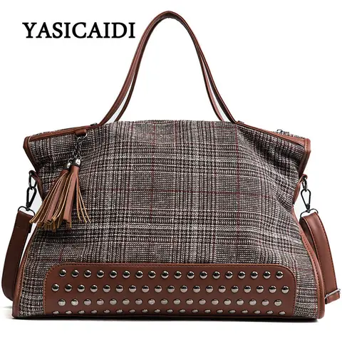 Bolsa de Grande Capacidade para Mulheres Bolsas de Ombro de Alta Qualidade do Sexo Feminino de Algodão Rebites Balde Mulheres Bolsas Grande Tassel Ladies Bolsalas