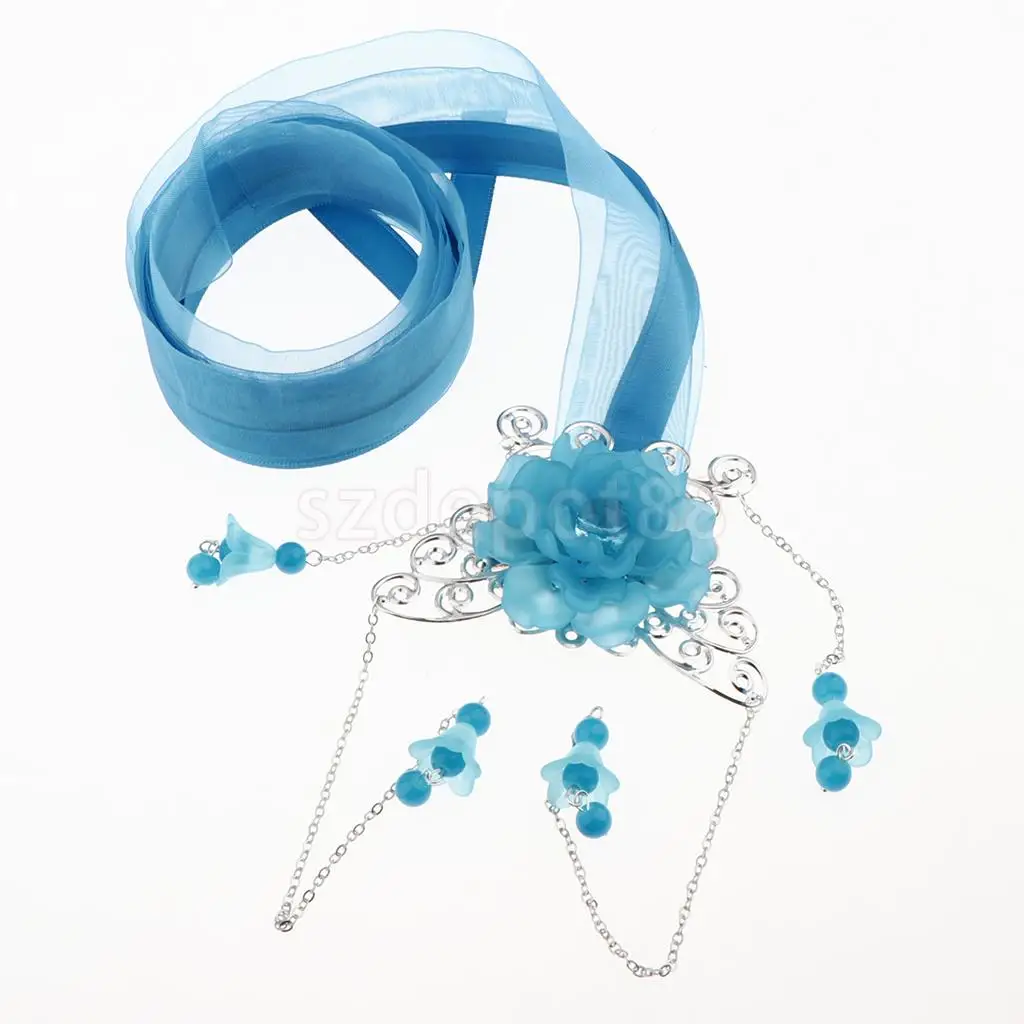 Ribbon Flower Chain Tassel Ancient Chinese Headdress Clip & Beads Dangle Earring Set Bridal Wedding Cosplay Party Hair Jewelry