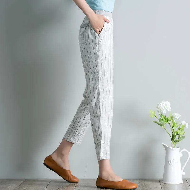Spring Summer Women Striped Elastic Waist Pants Plus Size 4XL High Waist Casual Harem Pants Ankle-length Boho Trousers Pockets Spring Summer Women Striped Elastic Waist Pants Plus Size 4XL High Waist Casual Harem Pants Ankle-length Boho Trousers Pockets