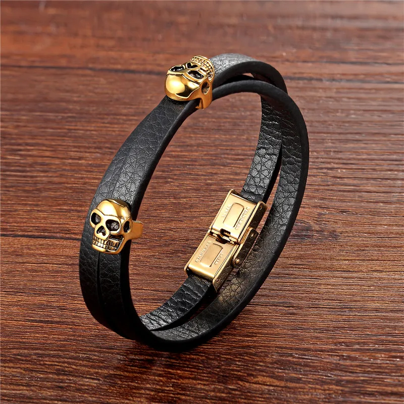 

Men Leather Stainless Steel Bracelet Male Skull Pulseras Mens Bracelets 2018 Punk Multilayer Black Cortex Bangles Homme Jewelry