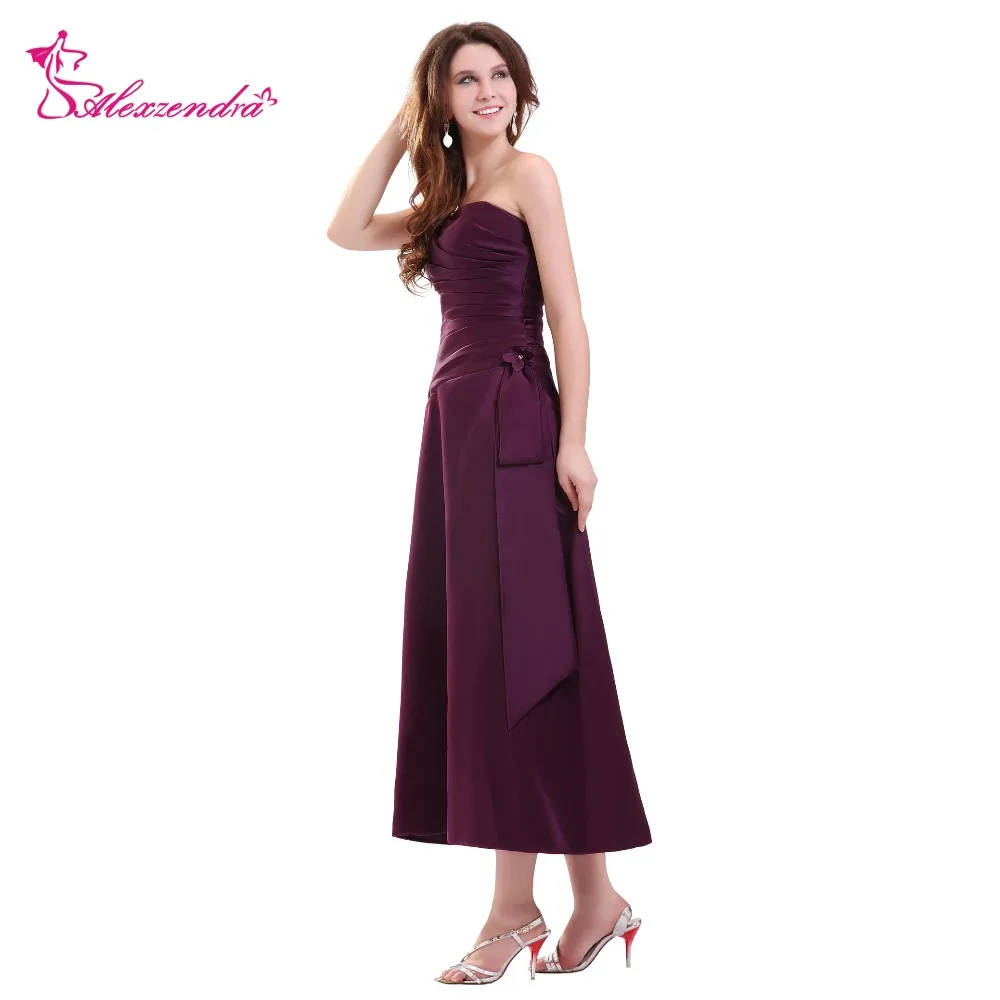 Alexzendra Purple Satin Straight Tea Length Bridesmaid Dresses ...