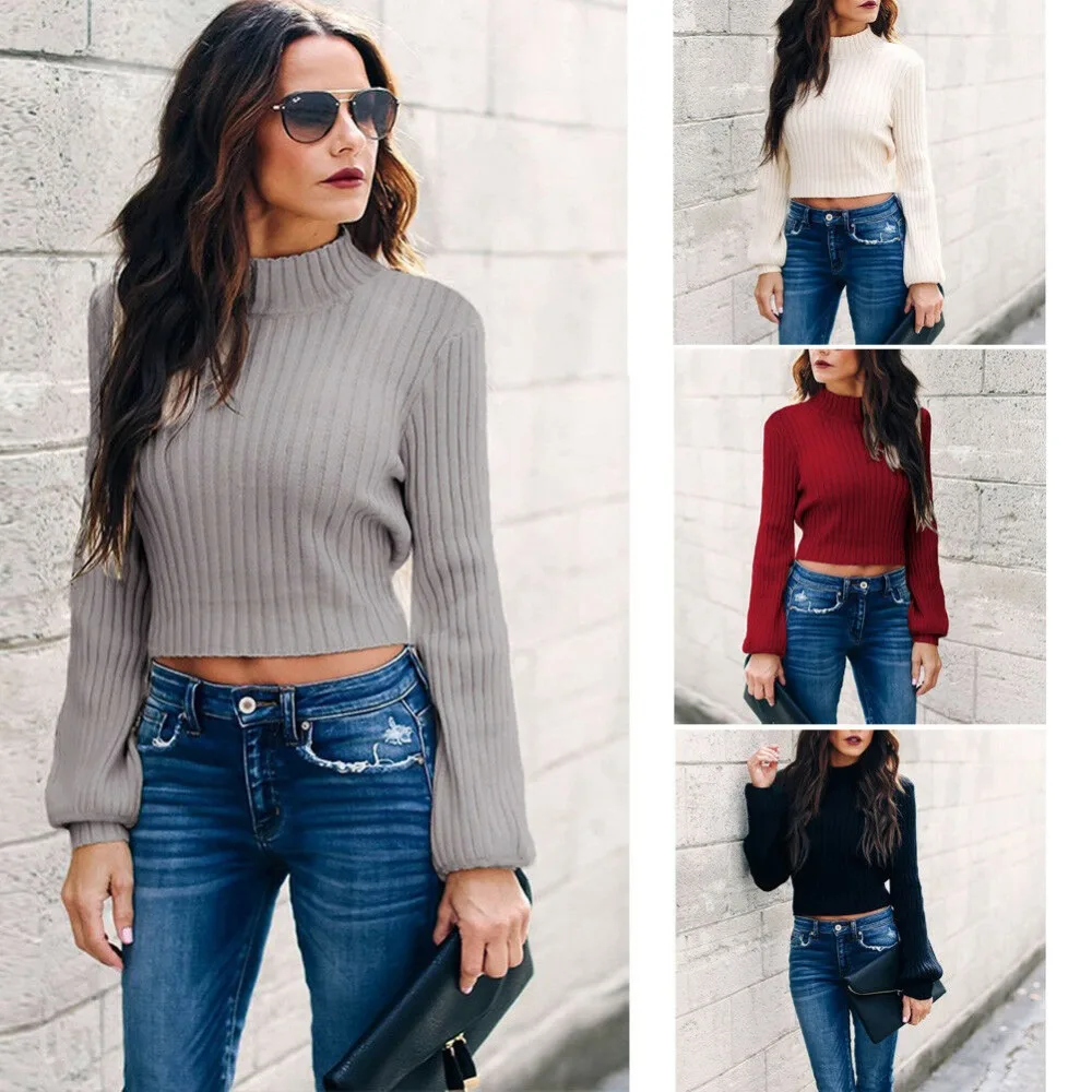 

Fashion Women Open Back Cropped Pullover Sweater High Turtle Neck Long Sleeve Solid Color Knit Casual Tops Swater Jumper