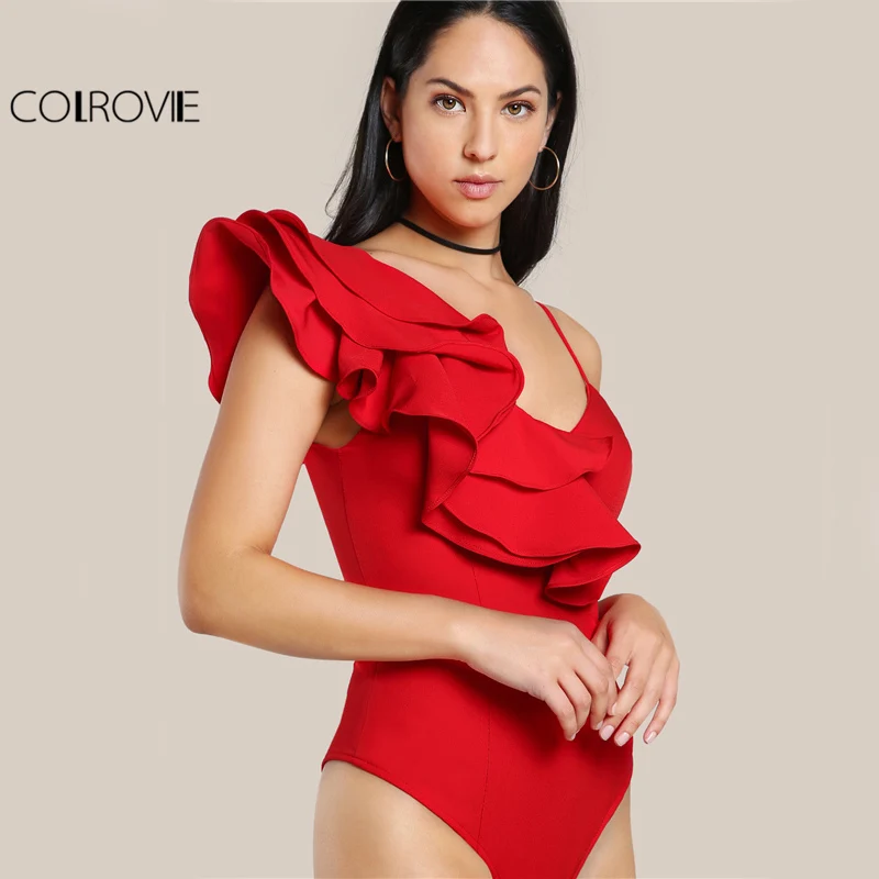 Женское боди на одно плечо COLROVIE Красное Облегающее с оборками и летнее