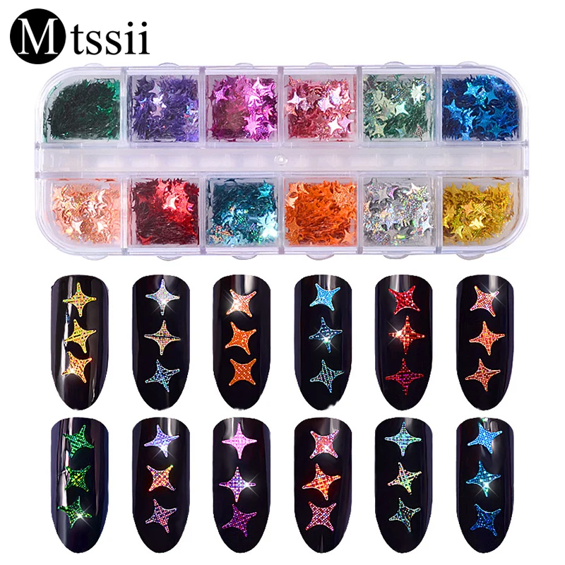 Mtssii 12 Colors/Set Four Angle Stars Shape Holographic Laser Nail Glitter Paillette Sequins 3d Manicure Decal Decorations | Красота и
