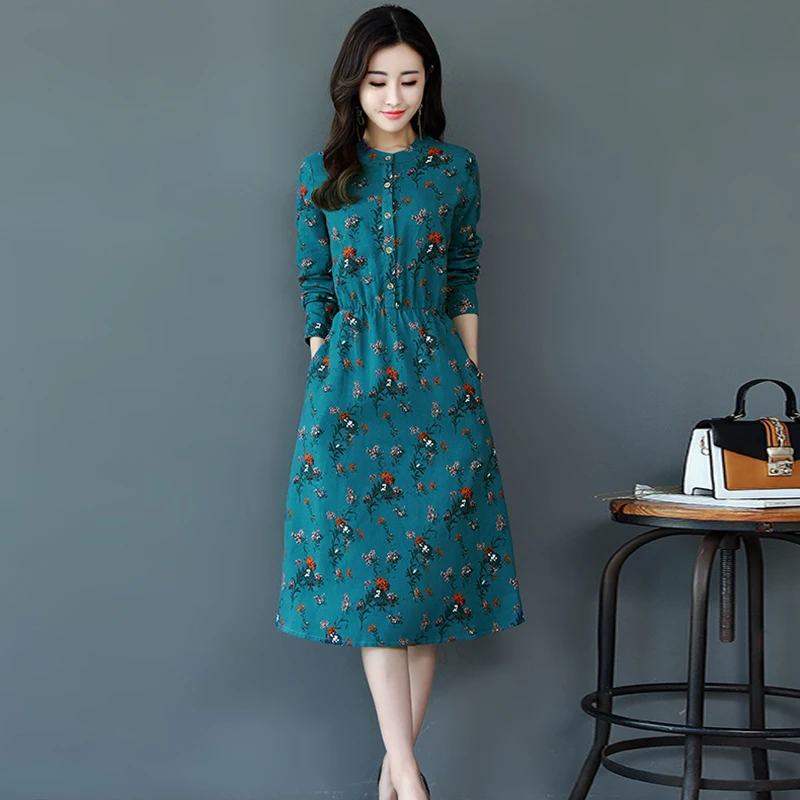 

Women Floral Dress Long Sleeved Vintage Cotton Linen Dress Print Casual Slim Elegant Party Long Dresses Women's Vestidos