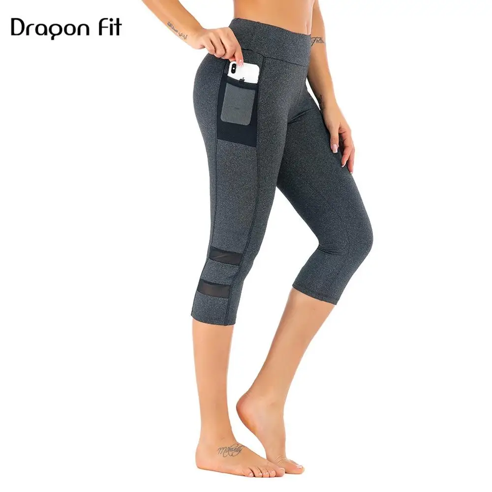 

Dragon Fit Mesh Plus Size Yoga Leggings Women Tights Solid Pocket Elastic Yoga Pants Running Training Black Gym Legging Fitness