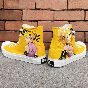 

Wen Anime Hand Painted Design Shoes Hatsune Miku VOCALOID High Top Yellow Canvas Shoes Laced Sneakers for Men Women Gifts