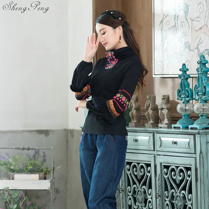 Cheongsam Топ Традиционный китайский костюм для женщин с длинным рукавом плюс размеры 5XL рубашка Хлопок Винтаж костюмы футболка Блузка Q663
