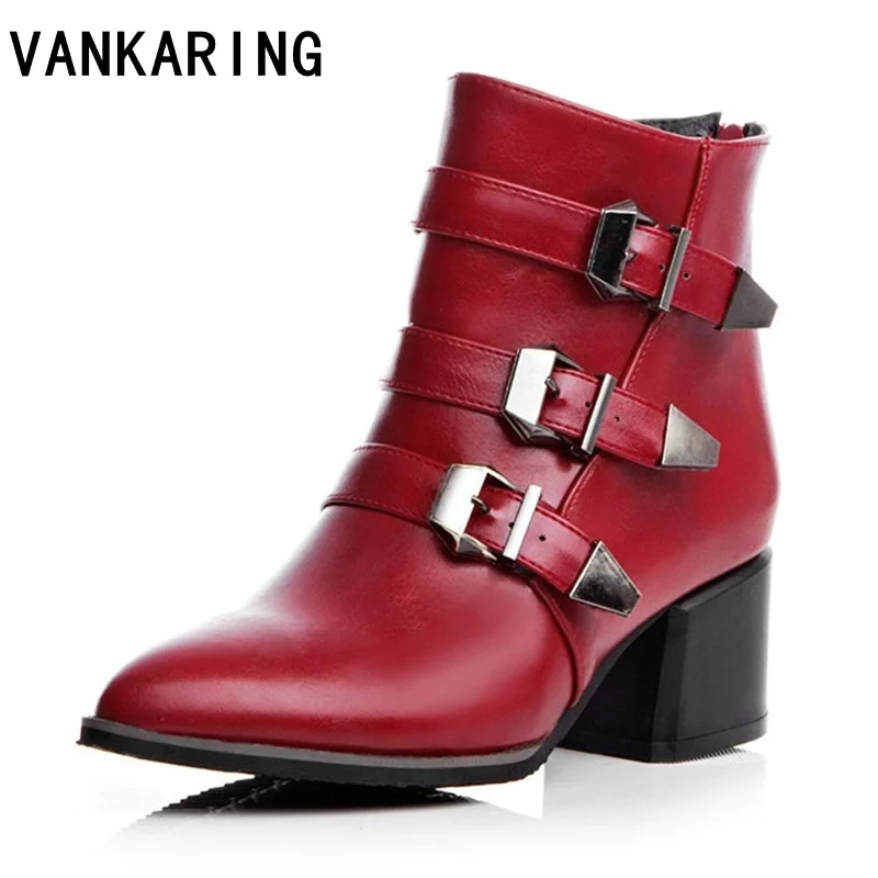 

VANKARING fashion motorcycle boots women pu leather autumn winter metal buckle high heels shoes zip black ankle boots for women