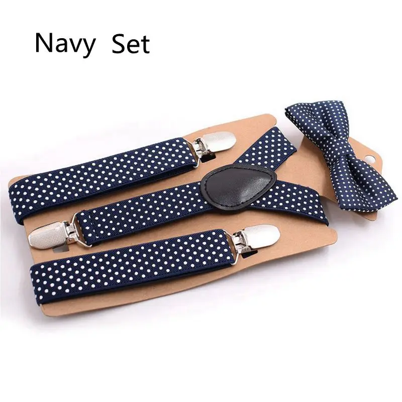AEbone Fashion Elastic Suspender Kids Brace And Bow Tie Set Black Dot Suspenders For Boy Navy Strap Bretels Sus07