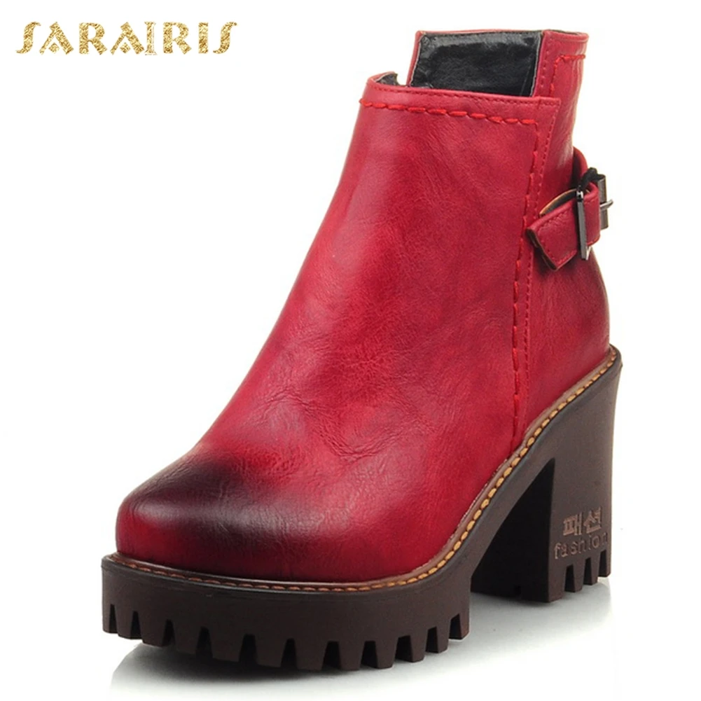 

Sarairis New Retro Old Style Motorcycle Boots Woman Platform High Heels Zipper Ankle Boots Woman Shoes Woman Large Size 32-43