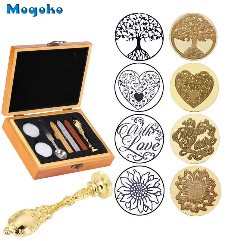

Mogoko Newest Vintage Sealing Stamp With Seal Wax Sticks without Wicks Spoon Candles Kit Tree of Life/Heart/With Love/Sunflower