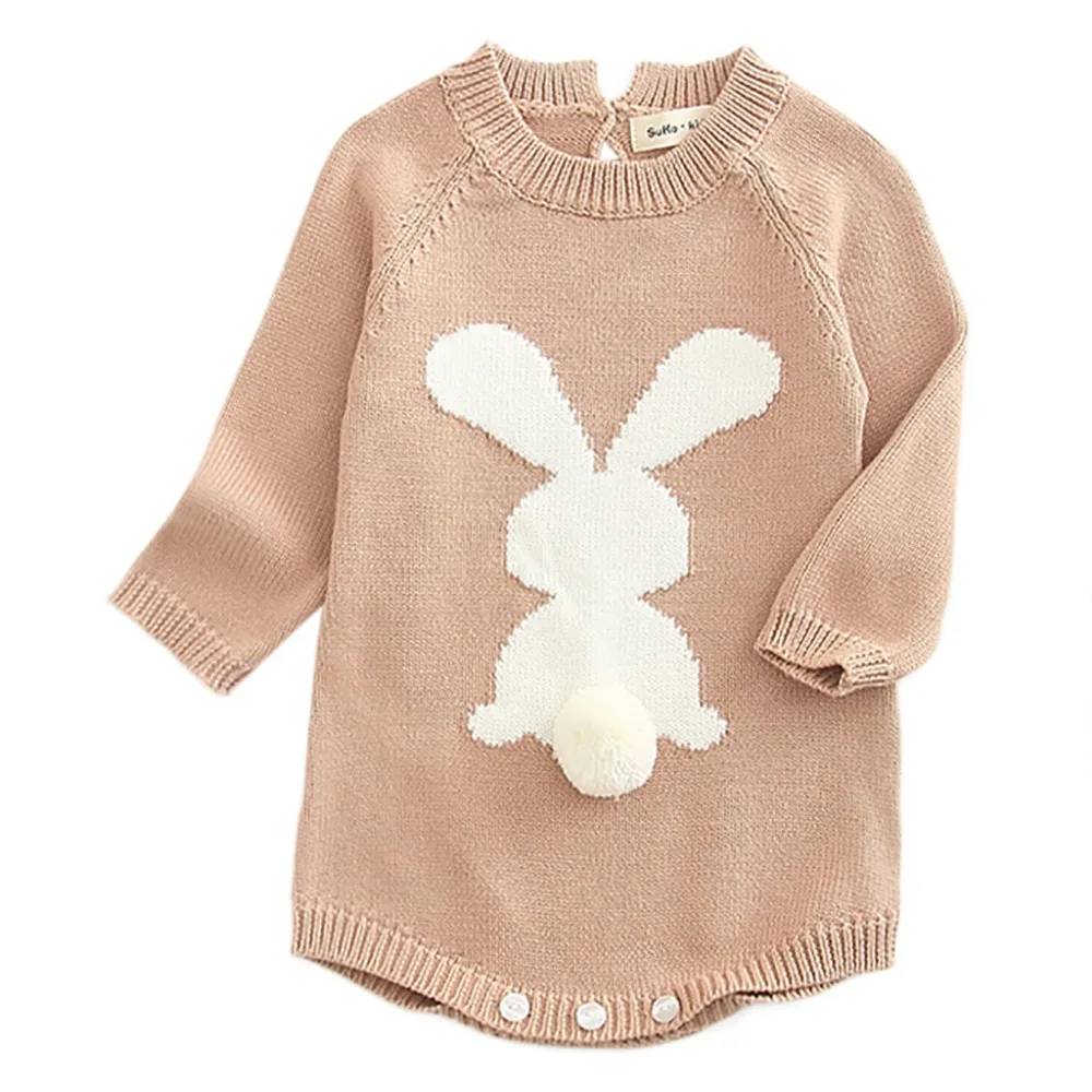 Модный вязаный свитер с рисунком кролика и помпонами комбинезон для маленьких девочек, комбинезон, хлопковые топы, комплект одежды для новорожденных и малышей возрастом от 0 до 24 месяцев