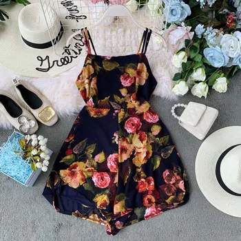 

NiceMix 2019 new fashion women's rompers Summer retro temperament floral print sleeveless shoulder strap slim bodysuit pants
