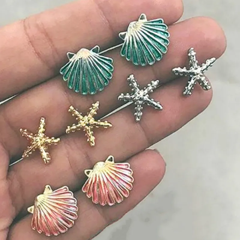 

Punk Shell Starfish Color Stud Earrings Women Creative Personality Seaside Party Clothing Accessories Female Earring Set