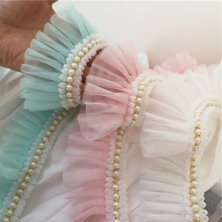 

Lace silk yarn pearl Fold lace trim skirt home doll clothes handmade Pleated lace accessories