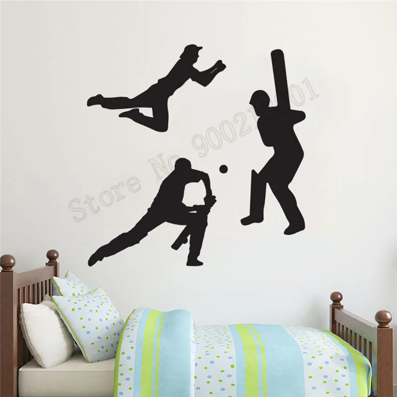 Cricket trio vinyl wall stickers sport action decal boy bedroom wall art decor 