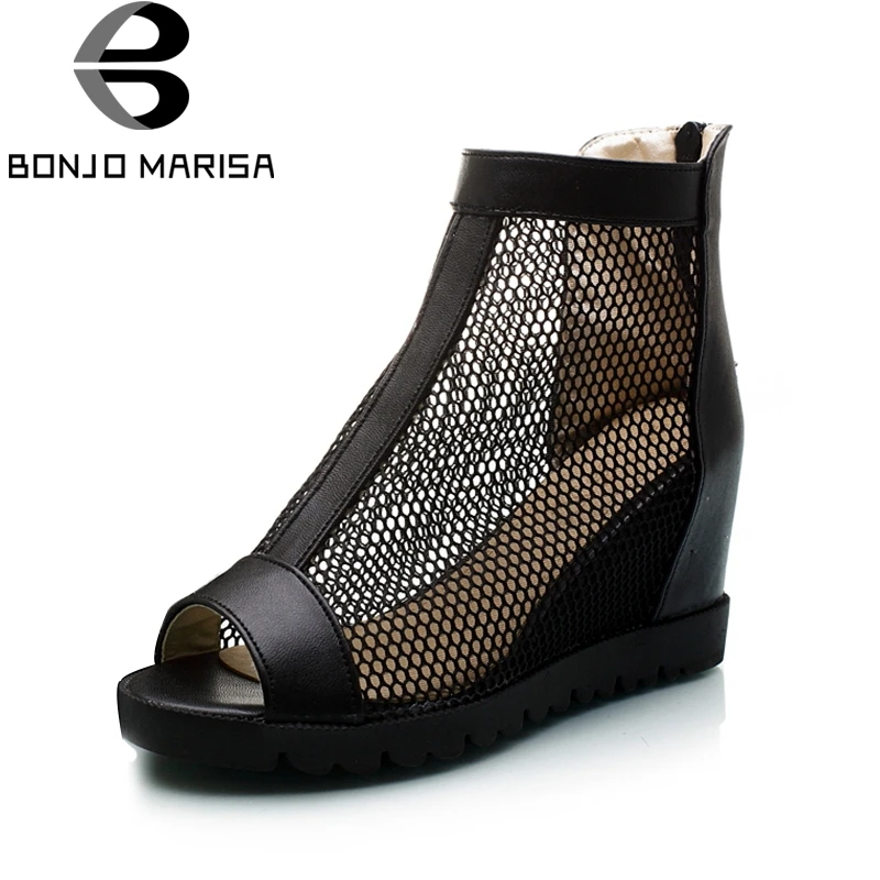 

BONJOMARISA 2018 Big Size 34-43 Peep Toe Hollow Height Increasing Summer Boots Women Shoes Fashion Zip Up Causal Shoes Woman