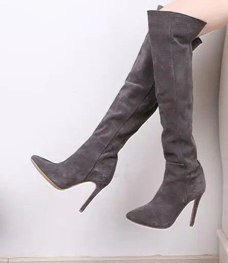 High quality grey suede high heel boots sexy pointed toe over the knee boots woman thin heels thigh high boots 35-41