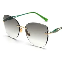 Высококачественные зеленые солнцезащитные очки без оправы, дизайнерские брендовые роскошные женские солнцезащитные очки кошачий глаз, металлические трендовые градиентные очки