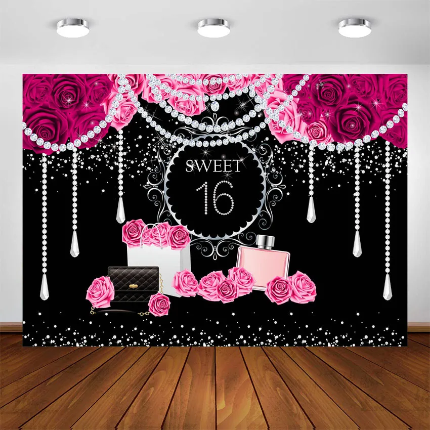 Black and Red Sweet Sixteen 16 Birthday Banner Personalized Party Backdrop