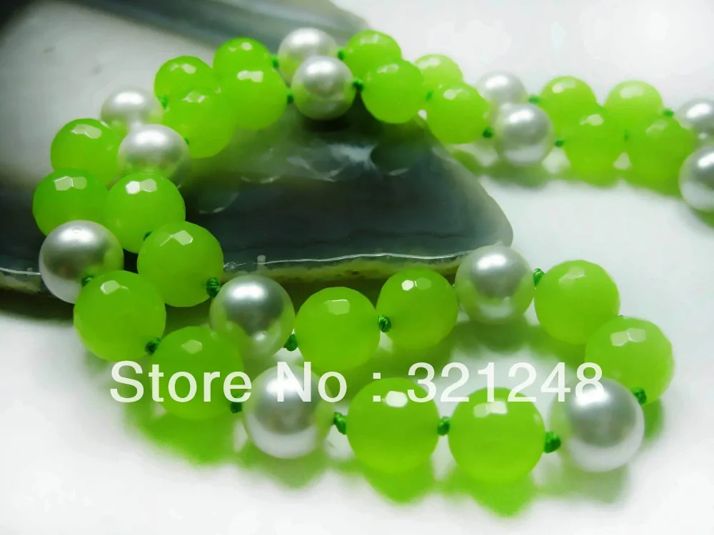 

DIY 10mm White Shell simulated-Pearl Faceted Lemon Green chalcedony jades natural stone chain strand Necklace 18inch A028
