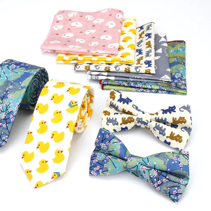 

Lot 3PCS ( Ties Bowtie Pocket Square ) Men's Neck Tie Set Cat Duck Fish Animal Print Cotton Skinny Slim Necktie Bow Hankies Sets
